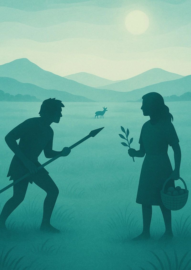 ADHS ist kein Fehler der Natur Illustration zweier Menschen in prähistorischem Stil: Links eine männliche Figur mit Speer, rechts eine weibliche Figur mit Korb voller Früchte und einem Zweig in der Hand. Im Hintergrund Berge, Sonne und ein Reh in der Ferne.