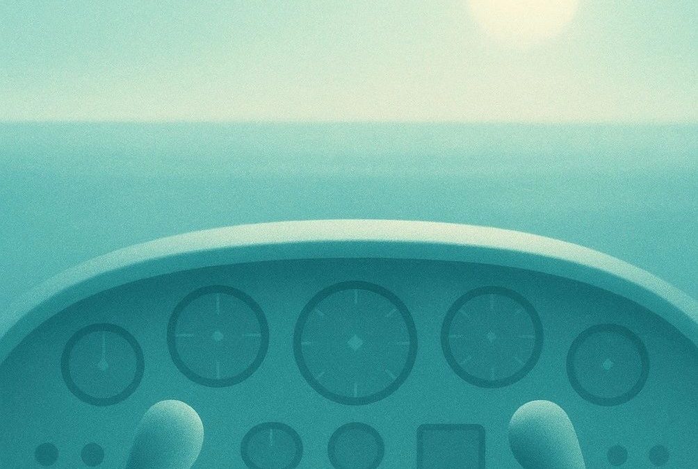 Illustration im Stil von Flat Design, ganz in Türkistönen gehalten: Blick aus dem Cockpit eines Flugzeugs mit sichtbaren Instrumenten und Steuerknüppeln. Durch die Frontscheibe ist ein ruhiger Horizont und die aufgehende oder untergehende Sonne zu sehen. Die Szene symbolisiert Steuerung, Verantwortung und ständige Wachsamkeit – sinnbildlich für mentale Daueranspannung oder das „innere Cockpit“ im Alltag neurodivergenter Mütter.