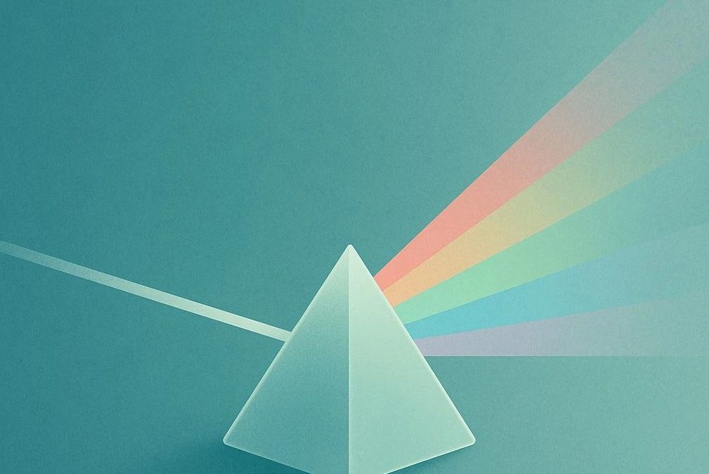 Illustration eines Glasprismas auf türkisfarbenem Hintergrund: Ein einzelner Lichtstrahl trifft von links auf das Prisma und wird auf der rechten Seite in ein Farbspektrum aus Regenbogenfarben gebrochen. Die Darstellung symbolisiert differenzierte, vielschichtige Wahrnehmung – etwa bei hochsensiblen oder neurodivergenten Menschen, für die Worte, Reize oder Situationen sich in facettenreiche Bedeutungen aufspalten. Das Bild steht für Tiefenwahrnehmung, Interpretation und innere Komplexität.