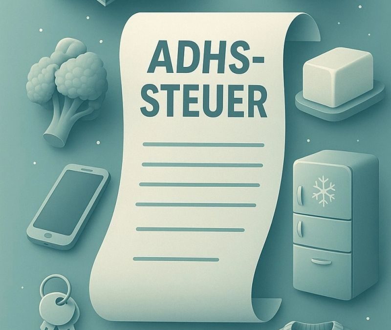 Illustration in türkisgrünem Farbton: Im Zentrum eine große Papierrolle mit der Aufschrift „ADHS-STEUER“, umgeben von alltäglichen Objekten wie Smartphone, Schlüssel, Autoschlüssel, Geldscheinbündel, Brokkoli, Butter, einem Pullover und einem Kühlschrank mit Schneeflockensymbol. Die Darstellung symbolisiert die versteckten Mehrkosten und alltäglichen Herausforderungen, mit denen neurodivergente Menschen – insbesondere mit ADHS – häufig konfrontiert sind, etwa durch Vergesslichkeit, Impulsentscheidungen oder Organisationsprobleme.