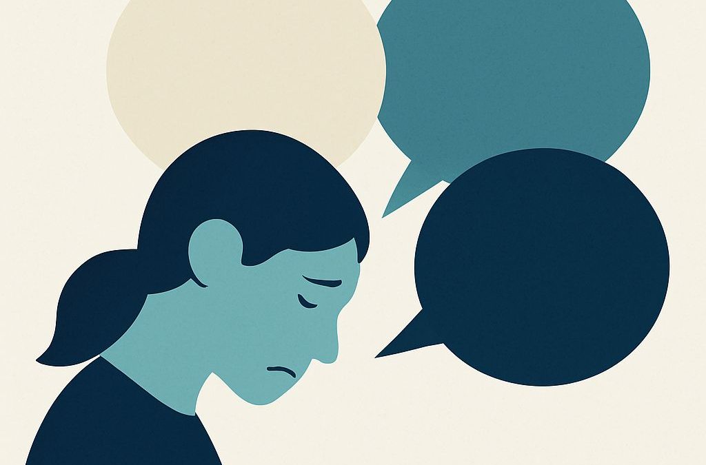 Illustration im Flat-Design: Eine stilisierte Person mit gesenktem Blick und traurigem Gesichtsausdruck. Über dem Kopf befinden sich drei große, leere Sprechblasen in unterschiedlichen Blau- und Beigetönen. Die Bildsprache vermittelt symbolisch das Thema belastender Sprache, sozialer Stigmatisierung oder innerer Dialoge. Farbgebung in gedeckten, kontrastreduzierten Tönen.
