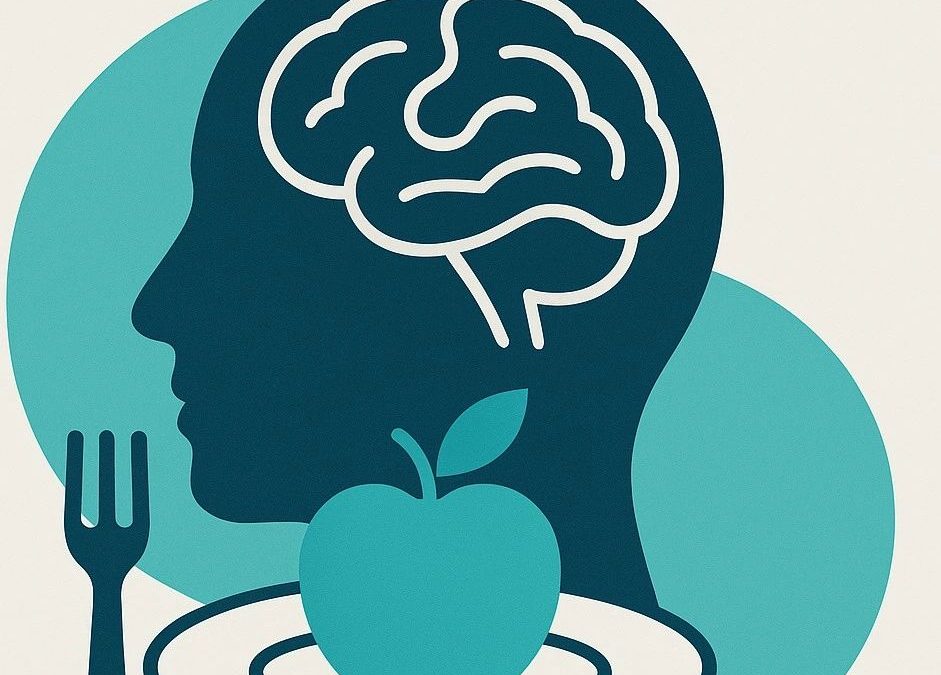 Grafik im Flat-Design-Stil: Eine stilisierte menschliche Kopf-Silhouette mit sichtbar eingezeichnetem Gehirn. Vor dem Kopf befindet sich ein Teller mit einer Apfel-Illustration und einer Gabel. Die Farben sind in Blau- und Türkistönen gehalten. Das Bild symbolisiert den Zusammenhang zwischen Ernährung und geistiger Leistungsfähigkeit bzw. Konzentration.