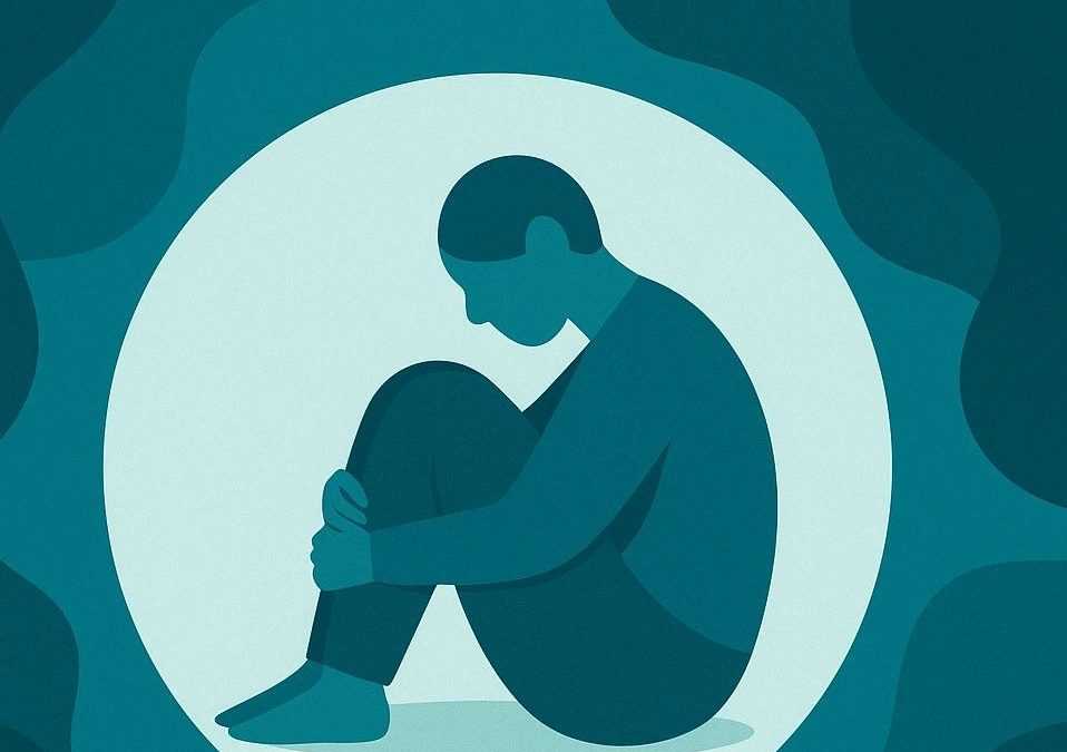 Illustration in Blau- und Grüntönen: Eine stilisierte Person sitzt zusammengerollt mit angezogenen Beinen in einem hellen Kreis, der wie ein geschützter Raum wirkt. Der Kopf ist gesenkt, die Haltung wirkt zurückgezogen, erschöpft oder traurig. Der Hintergrund besteht aus dunkleren, fließenden Formen, die symbolisch Reizüberflutung, emotionale Überforderung oder Depression andeuten können. Die Szene vermittelt Schutzbedürfnis, Rückzug und innere Belastung.
