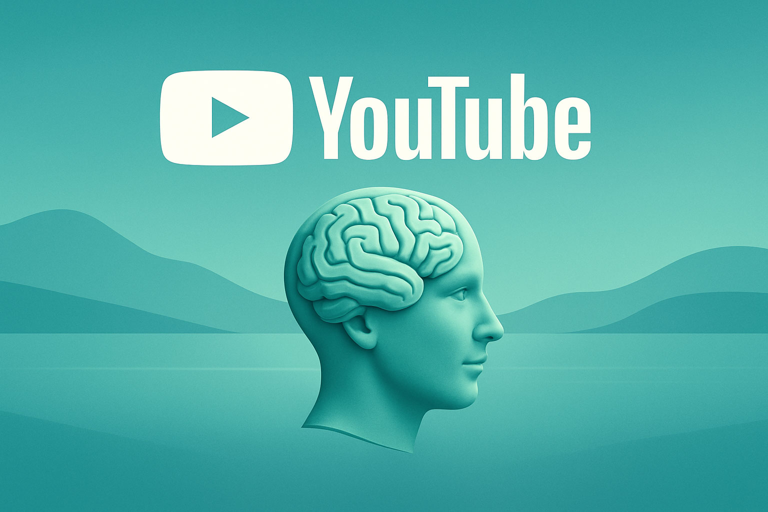 nuka-ai-youtube Grafik mit türkisgrünem Farbverlauf: Im Zentrum oben steht das weiße YouTube-Logo mit Play-Symbol und der Schriftzug „YouTube“. Im unteren Bereich ist eine skulpturartige Kopf-Silhouette mit einem stilisierten Gehirn zu sehen – das ikonische Motiv von NUKA.ai. Im Hintergrund befinden sich abstrakte, weiche Bergformen über einer ruhigen Wasserfläche. Die Gesamtstimmung wirkt modern, klar und fokussiert.<br />