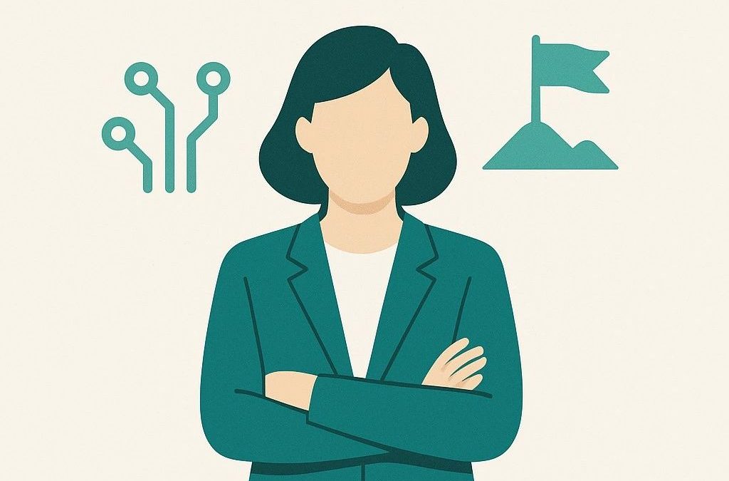 Illustration einer Frau mit dunkelgrüner Jacke und verschränkten Armen, ohne sichtbare Gesichtszüge. Links neben ihr ein Symbol für Technik (drei Leiterbahnen), rechts eine Fahne auf einem Hügel als Zeichen für Ziel oder Führung.