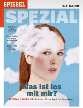 spiegel titel Titelseite der Zeitschrift SPIEGEL SPEZIAL, Ausgabe Nr. 2 vom 27. September 2025.<br />
Im Mittelpunkt steht eine Frau mit langen roten Haaren und neutralem Gesichtsausdruck, vor blauem Hintergrund. Um ihren Kopf herum schweben weiße Wolken – eine visuelle Metapher für mentale Überforderung, innere Unklarheit oder psychische Belastung.<br />
Der Titel lautet groß: „Was ist los mit mir?“<br />
Darunter steht in Rot und Schwarz:<br />
„MENTAL HEALTH – Hilfe finden bei Stress, Angst und Depressionen“<br />
Weitere Themen am Rand:<br />
– ADHS & Co.: Krank oder nur überfordert?<br />
– Dubiose Coaches: Das Geschäft mit der Psyche<br />
– Digitale Sucht: Wie uns Kinder entgleiten