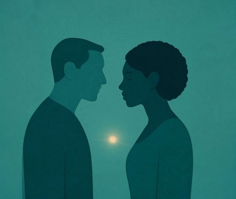 Zwei stilisierte Menschen – ein Mann und eine Frau – stehen sich in ruhiger, gespannter Nähe gegenüber. Zwischen ihnen leuchtet ein kleiner Lichtpunkt wie ein Brennpunkt oder Resonanzfeld. Die Szene wirkt intim, gleichzeitig nach innen gezogen. Sie symbolisiert die intensive Fixierung auf eine andere Person – emotional aufgeladen, potenziell überfordernd. Das Bild steht im Kontext von Hyperfixierung in neurodivergenten Paarbeziehungen, etwa bei ADHS.