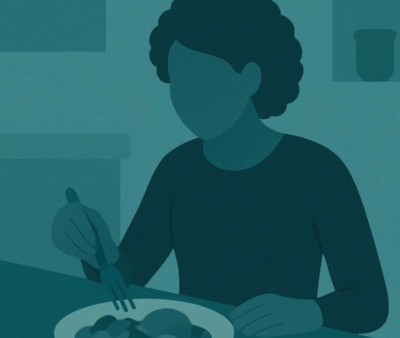 Eine stilisierte Person mit lockigem Haar sitzt allein an einem Tisch und isst. Der Kopf ist gesenkt, das Gesicht anonym – ohne erkennbare Züge. Die Szene wirkt ruhig, fast traurig. Das Bild suggeriert, dass das Essen hier nicht nur der Nahrungsaufnahme dient, sondern mit Gefühlen, innerer Anspannung oder vielleicht Trost verbunden ist.