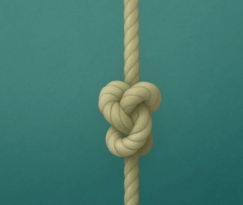 Ein dicker Knoten in einem senkrecht hängenden Seil vor türkisfarbenem Hintergrund. Die Seilfasern sind eng gewunden, der Knoten wirkt fest und schwer lösbar – als Symbol für innere Blockade, Überforderung oder ein klares inneres „Nein“. Die minimalistische Komposition vermittelt Spannung und psychische Enge.