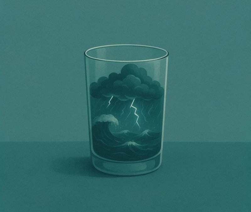 Ein schlichtes Wasserglas steht auf einer ebenen Fläche. Im Inneren tobt ein Gewitter: Dunkle Wolken, Blitze, aufgewühlte Wellen. Die Szene wirkt surreal, als sei ein Sturm in einem kleinen Raum eingeschlossen. Das Bild symbolisiert plötzliche emotionale Überforderung, Kontrollverlust oder das Gefühl, dass ein eigentlich klarer Plan unerwartet ins Chaos stürzt.