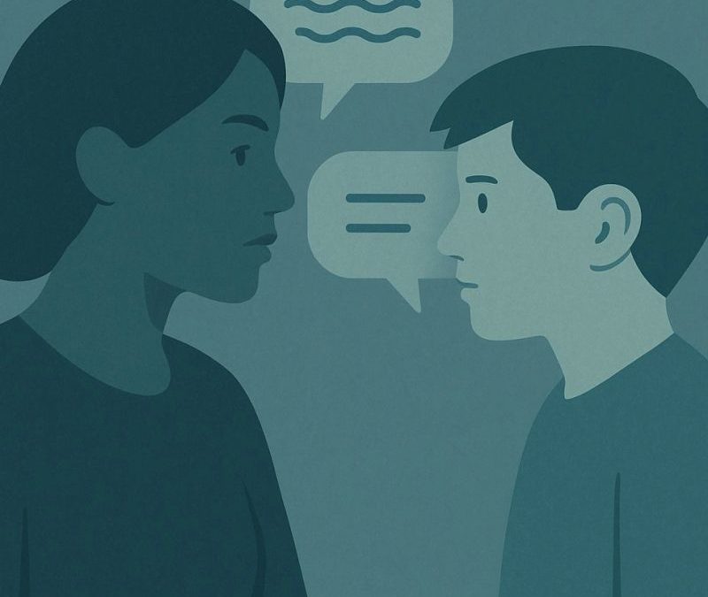 Zwei stilisierte Figuren stehen sich gegenüber: links eine Frau, rechts ein Junge. Zwischen ihnen schweben zwei Sprechblasen. Aus der Blase der Frau steigen wellenartige Linien auf, aus der des Jungen klar strukturierte Striche – beide sprechen, aber auf unterschiedliche Weise. Die Szene wirkt ruhig, doch inhaltlich spannungsgeladen. Es geht sichtbar um ein Missverstehen trotz sprachlicher Gemeinsamkeit – etwa zwischen Generationen oder neurodivergenten Wahrnehmungen.